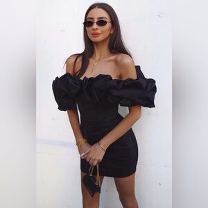 HOUSE OF CB 'Selena' Black Satin Puff Shoulder Dress off shoulder‎ /Size XS NWOT